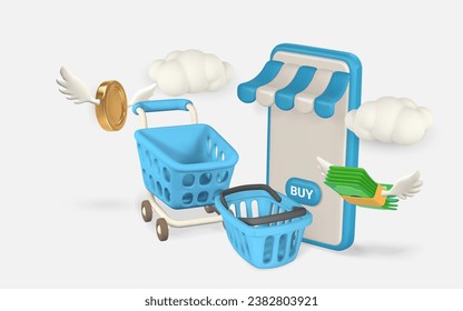 3d online shop. Smartphone with striped shop canopy, shopping bags and basket. Modern online shopping, application for smartphone. Vector illustration.
