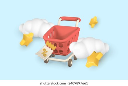 3d online shopping banner in cartoon style. Shopping cart, clouds, star and discount coupon. Vector illustration.