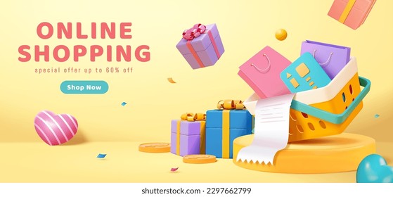 3D online shopping banner or landing page. Basket full of shopping bags, receipt, and credit card on round podium with gifts, coins, and heart decorations around.