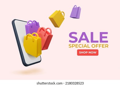 3d online shopping banner template. Vector render mockup with gift bags and phone. Sale concept