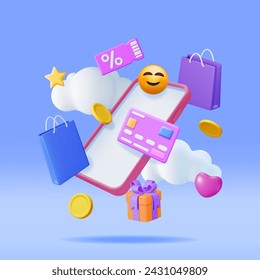 Concepto de compras en línea 3D. Render Smartphone con símbolos de compras. Bolsa, tarjeta bancaria, dinero, caja de regalo y cupón de descuento o cupón de venta. Tienda en línea, pago y entrega. Ilustración vectorial