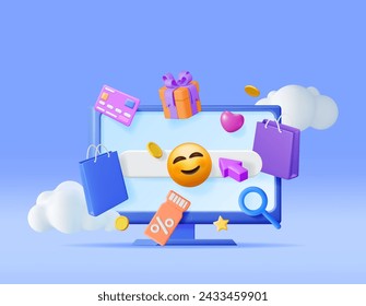 3D Online Shopping Concept. Render Computer with Shopping Symbols. Bag, Bank Card, Money, Gift Box and Discount Voucher or Sale Coupon. Online Shop, Payment and Delivery. Vector Illustration