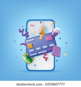 3D Online Shopping Concept. Render Smartphone with Shopping Symbols. Bag, Bank Card, Money, Gift Box and Confetti. Online Shop, Payment and Delivery. Vector Illustration