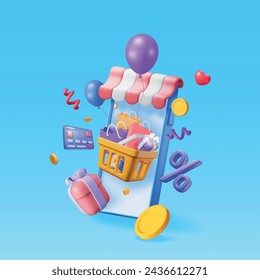 3D Online Shopping Concept. Render Smartphone with Shopping Symbols. Bag, Bank Card, Money, Gift Box and Confetti. Online Shop, Payment and Delivery. Vector Illustration