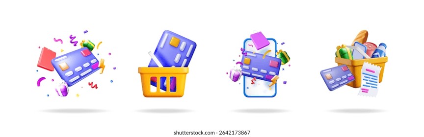 3D Online Shopping Concept. Render Smartphone with Shopping Symbols. Bag, Bank Card, Money, Gift Box and Confetti. Online Shop, Payment and Delivery. Vector Illustration
