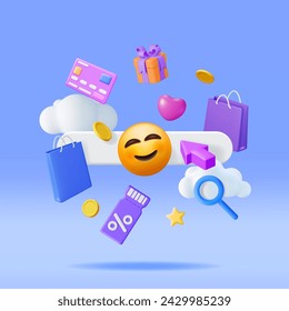 3D Online Shopping Concept. Various Render Shopping Symbols. Bag, Bank Card, Money, Gift Box and Discount Voucher or Sale Coupon. Online Shop, Payment and Delivery. Vector Illustration