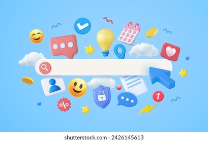 3d online shopping and e-commerce concept. Search bar surrounded with floating elements on blue background. 3d rendering. Vector illustration