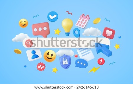 3d online shopping and e-commerce concept. Search bar surrounded with floating elements on blue background. 3d rendering. Vector illustration