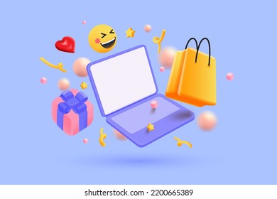 3D Online shopping, floating laptop, giftbox, shopping bag and elements. Secure online shopping concept.  3d vector render illustration