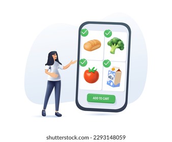 3D online shopping food grocery buying. Character add food on mobile phone screen and add to shopping basket. E-commerce concept, add to cart. 3D vector illustration render