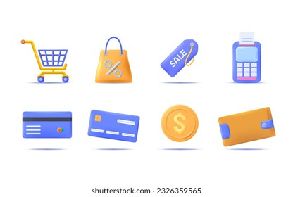 Juego de iconos de compras en línea 3d. Carro de compras, bolso, etiqueta, pago, tarjeta de crédito, carteras e íconos de dinero.