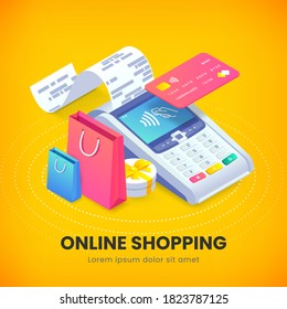 3d Online shopping isometric banner concept. Black friday sale design with shopping bags, gift, NFC payment terminal and credit card. Internet shop vector illustration for web, mobile app, advert.