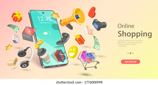3d Online Shopping Landing Page Template, Mobile Store Concept, Fast Delivery Service, Digital Advertising Campaign.