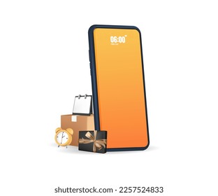 3D Online shopping on application. Empty Mobile smart phone with shopping app.