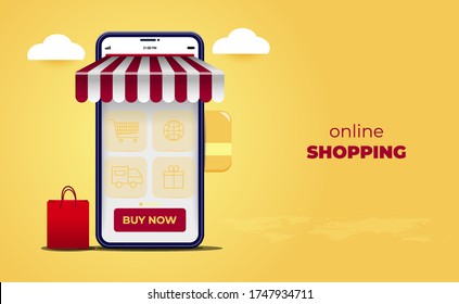 3d Online Shopping On Websites Or Mobile Applications Concepts And Digital Marketing. With Isometric Smartphone Design, front. For Banner, Landing Page Or Online Store Promotion. Vector Illustration