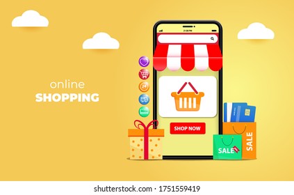 3d Online Shopping On Websites Or Mobile Applications Concepts And Digital Marketing. With Isometric Smartphone Design, front. For Banner, Landing Page Or Online Store Promotion. Vector Illustration