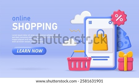 3D online shopping poster. Smartphone near shopping cart and gift box. Electronic commerce and marketing. Discounts and promotions. Landing webpage design. Soft Isometric vector illustration