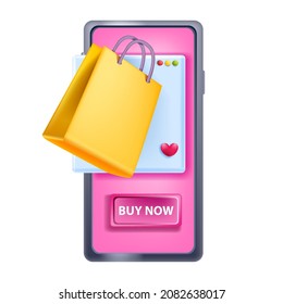 3D online shopping sale vector illustration, smartphone screen, buy button, paper bag marketing banner. Mobile app e-commerce marketing virtual purchase concept. 3D online shopping discount clipart
