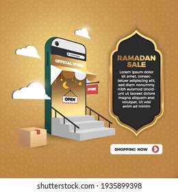 3D online shopping social media mobile applications websites shopping now concepts  Ramadan Sale flyer