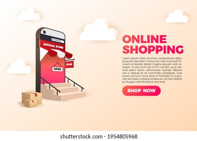 3D online shopping social media mobile applications websites shop now concepts Vector Illustration