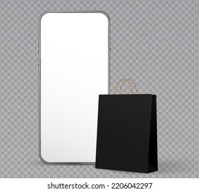 3D online shopping vector illustration. Gift shop bag with mobile smartphone for online shopping template smart phone application. Smart business marketing concept.