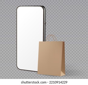 3D online shopping vector illustration. Gift shop bag with mobile smartphone for online shopping template smart phone application. Smart business marketing concept.