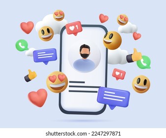 Aplicaciones de comunicación social en línea 3D. Aplicación de plataforma de medios sociales con emoji, corazones con antecedentes de smartphone. Mensajero de chat, SMM. 3.d Caricatura de representación de ilustración vectorial