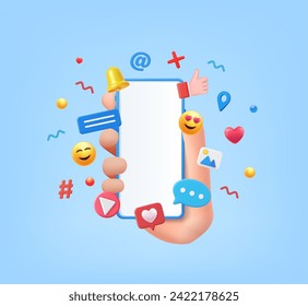 3D Online Social media communication concept. phone with comment, video and photo gallery and play icons. Hand holding phone with emoji, comment, love, like and play icons. Vector illustration