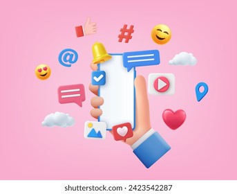 3D Online Social media communication concept. phone with comment, video and photo gallery and play icons. Hand holding phone with emoji, comment, love, like and play icons. Vector illustration