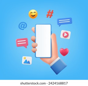 3D Online Social media communication concept. phone with comment, video and photo gallery and play icons. Hand holding phone with emoji, comment, love, like and play icons. Vector illustration