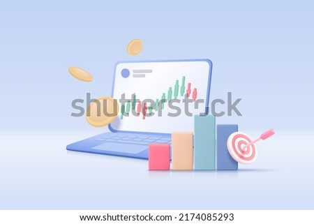 3D online stock trading with laptop on blue sky background. Notebook using funding business graph on computer with money coin. 3d vector stock trading for business investment render illustration