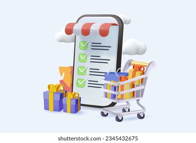 3D Online store via mobile phone. Ecommerce app 3D illustration with products or gifts in mobile. 3D web banner of online shopping vector