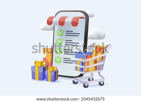 3D Online store via mobile phone. Ecommerce app 3D illustration with products or gifts in mobile. 3D web banner of online shopping vector