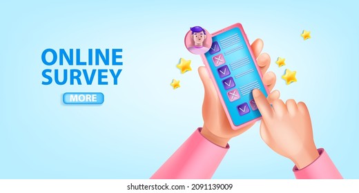 3D online survey banner, vector customer feedback checklist background, hands holding smartphone. Digital questionnaire review, choosing option, marketing research. 3D internet survey illustration
