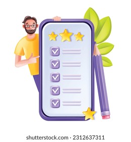 3D online survey, digital review feedback vector form, customer experience rating concept smartphone. Satisfaction internet test man character, questionnaire pencil star. Online survey service quality