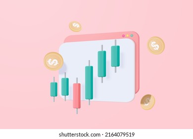 Intercambio en línea 3D con navegador sobre fondo rosa. Navegador que utiliza un gráfico de negocios de financiación en computadora con concepto de moneda de dinero. 3.ª ilustración del intercambio vectorial de inversiones empresariales