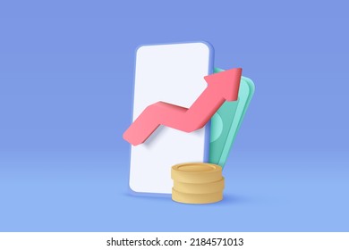 3D online trading fund with mobile phone and money coin. Investment graph using funding business on 3d smartphone. 3d vector money trading on mobile phone for investment render illustration