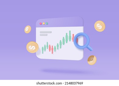 3D online trading with graph in browser on background. 3d Browser using funding business graph on laptop with money coin concept. 3d icon vector trading for business investment render illustration