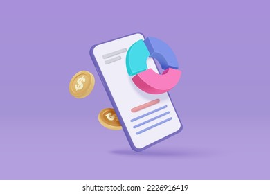 3D online trading icon with mobile phone and money coin payment. Investment graph using funding business on 3d smartphone. 3d icon vector trading on mobile phone for investment render illustration