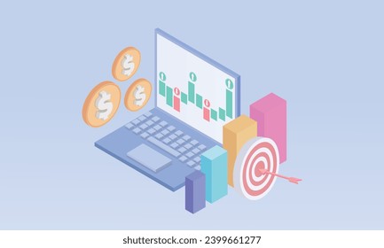 3d online trading with laptop. Notebook using funding business graph on computer with money coin concept.on pastel background.3d handmade.3d goal for business, bank, finance, investment, money.