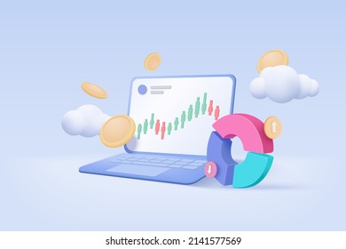 3D online trading with laptop on blue sky cloud background. 3d notebook using funding business graph on computer with money coin concept. 3d vector trading for business investment render illustration