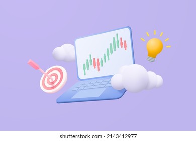 3D online trading with laptop on blue background. Notebook using funding graph on computer with arrow hit center and light bulb concept. 3d vector trading for business investment render illustration