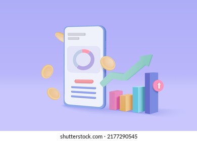 Intercambio en línea 3D con teléfono móvil y moneda de dinero con fondo morado. Gráfico de inversiones usando negocios de financiación en smartphone. 3.d intercambio vectorial en teléfonos móviles para ilustrar ilustraciones de rendimiento de inversión