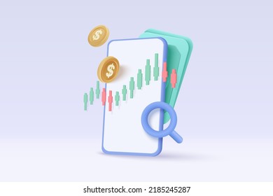 3D online trading with mobile phone and money coin on background. Investment graph using funding business on smartphone. 3d icon vector trading on mobile phone for investment 3d render illustration