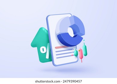 3D online trading with mobile phone on blue background. Investment graph using funding business on smartphone. 3d stock trading icon vector on mobile phone for investment render illustration