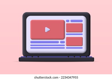 3d online video webpage. Website on monitor screen. Live streaming website. Vector 3d illustration
