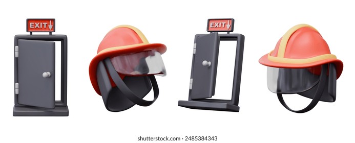 3D open black emergency exit door, modern fireman helmet