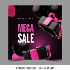 3D open black gift box with pink ribbon bow from an inflated balloon and black balloons on vector poster. Black Friday or Mega sale only 1 day special offer banner. Realistic volume marketing design