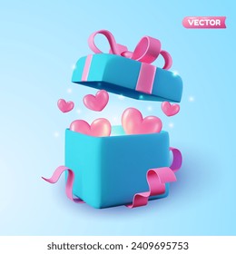 3D open blue gift box with pink ribbon filled with flying hearts over blue background. 3D rendering of a modern holiday surprise box.