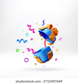 3D Open blue gift box with yellow ribbon and floating colorful confetti. Holiday celebration concept for birthday, Christmas, or anniversary. Vector illustration